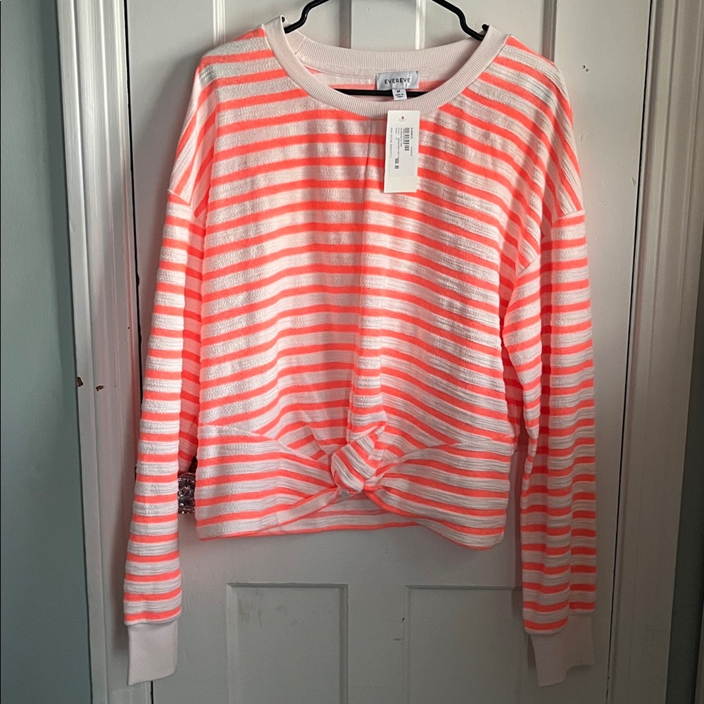 NWT EVEREVE Noah Stripe Spring Summer Sweatshirt Neon Coral White Stripe Medium